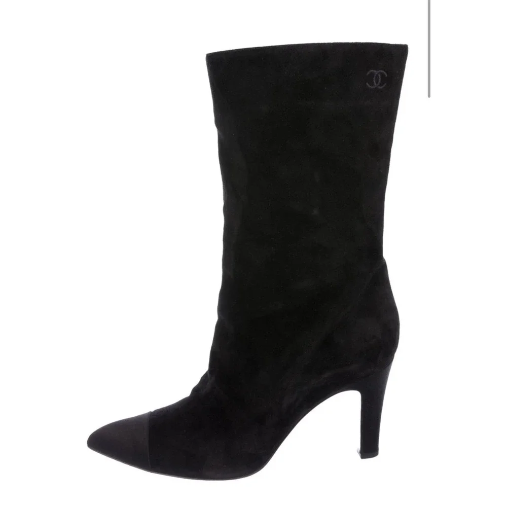 Chanel Black Suede Mid-Calf Boots Pointed Toe CC Logo Heels IT 39 US 9
